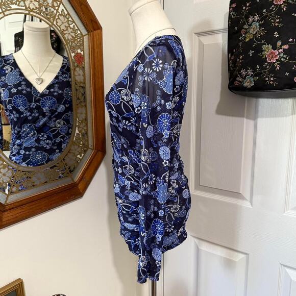 INC International Concepts Dark Blue Floral Mesh Ruched Long Sheer Sleeve Top - Picture 3 of 7